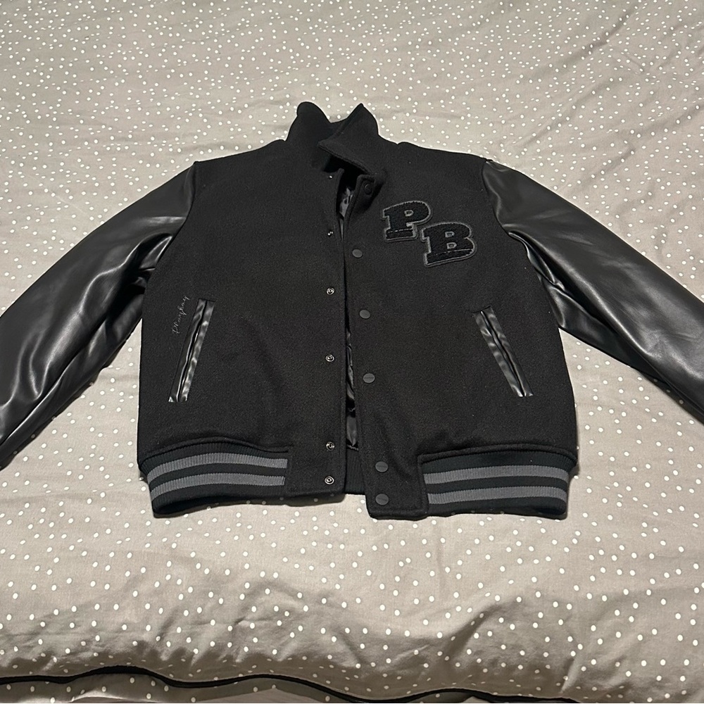 Black Varsity Jacket with Leather Sleeves